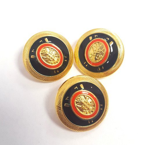 3 boutons métal doré et émail bleu et rouge - 21mm - 130t