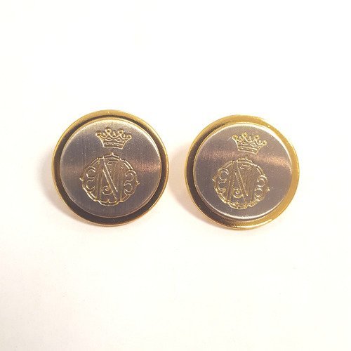 2 boutons métal doré et argenté - armoirie "nj" - 21mm - 123t