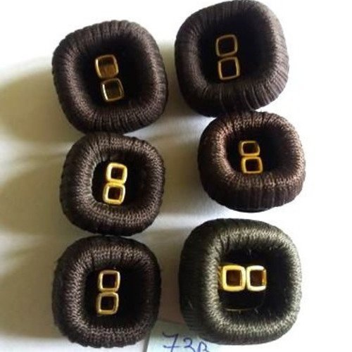 7 boutons en tissu marron et métal doré - taille diverse - 73b