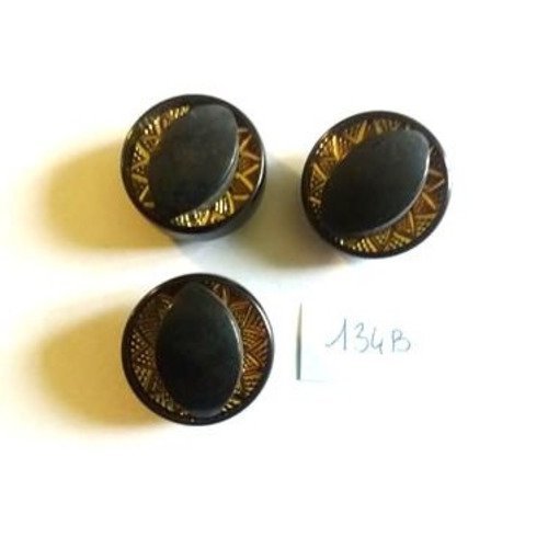 3 boutons en résine marron et doré - 25mm - 134b