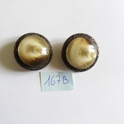 2 boutons en métal doré vieillis et résine beige - 25mm- 167b