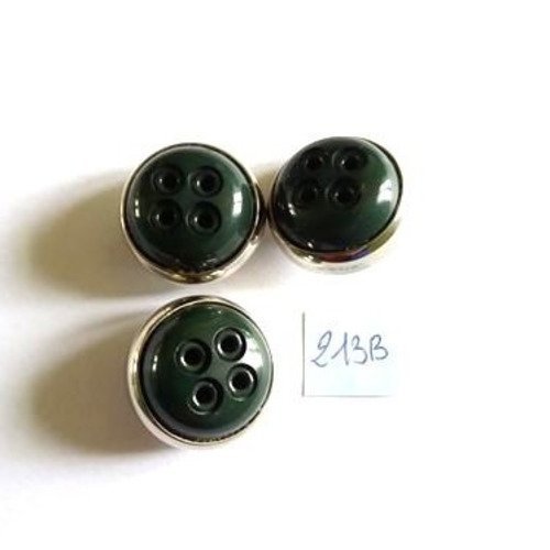 3 boutons en métal argenté et résine vert - 23mm - 213b