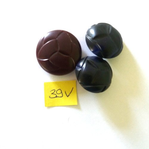 3 boutons en résine - 2 bt bleu de 23mm - 1 bt marron de 28mm - 39v