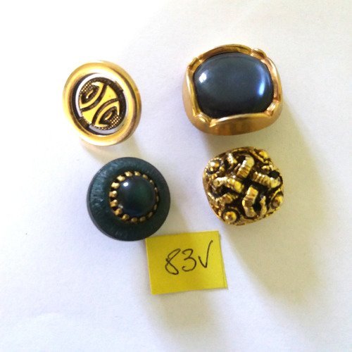 4 boutons en résine et métal bleu et doré - taille diverse - 83v