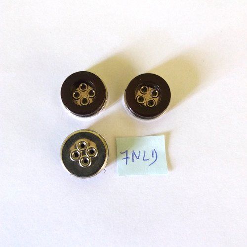 3 boutons en résine argenté et marron - 19mm - 7nld