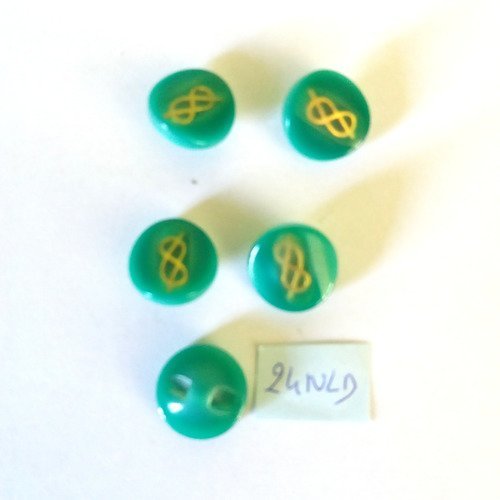 5 boutons en résine vert et doré - 15mm - 24nld