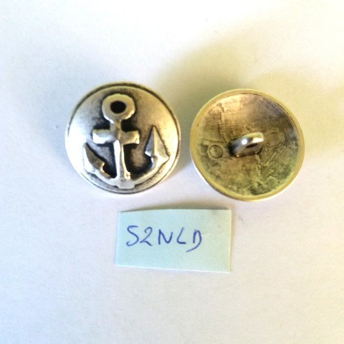2 boutons en  métal argenté décor ancre - 23mm - 52nld