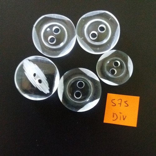 5 boutons en résine transparent - 4 bt de 25mm - 1 bt de 20mm - 575div