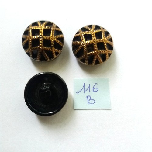 3 boutons en  verre noir et doré - 23mm - 116b