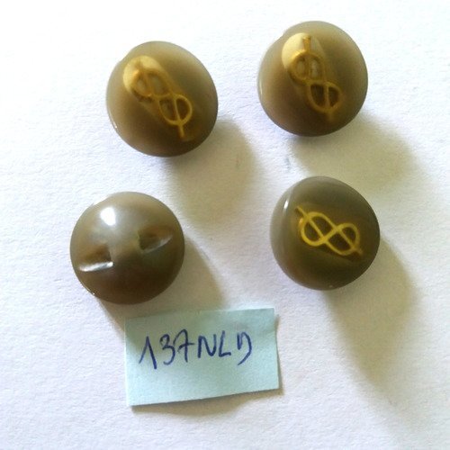 4 boutons en résine gris et doré - 15mm - 137di