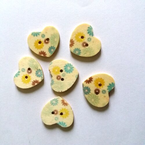 6 boutons coeur en bois - fond écru - jaune et bleu - 25mm - f13