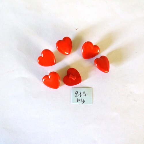 6 boutons en résine rouge ( coeur ) - 15mm - 219nld