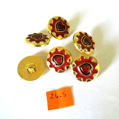 6 boutons en résine doré et rouge - 22mm - 24s