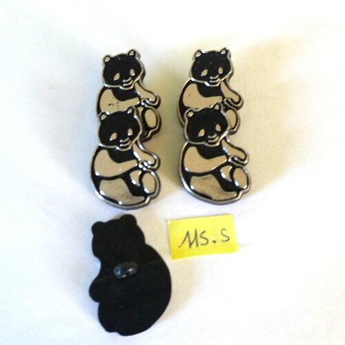 5 boutons en résine noir et métal argenté ( panda ) - 34x23mm - 115s