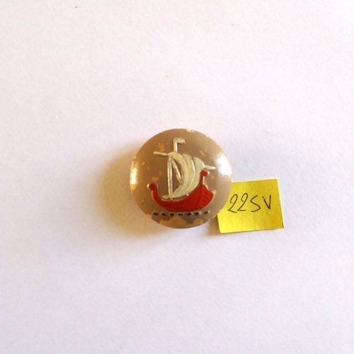 1 bouton en bois marron et rouge (un bateau) - 31mm - 225v