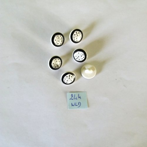 6 boutons en résine blanc et noir ( dé ) - 13mm - 244nld