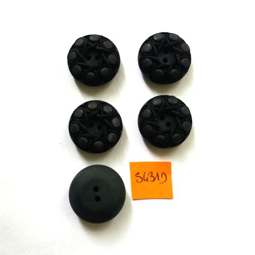 5 boutons en résine noir - vintage - 22mm - 5431d