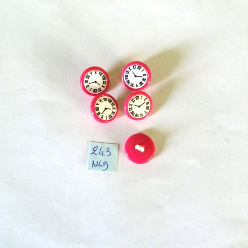 5 boutons en résine fuchsia blanc et noir ( horloge ) - 15mm - 243nld