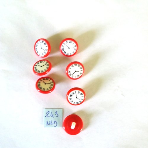 6 boutons en résine rouge blanc et noir ( horloge ) - 15mm - 243nld