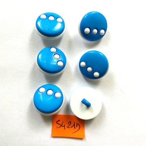 6 boutons en résine bleu et blanc - vintage - 19mm - 5421d