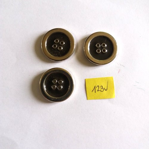 3 boutons en métal et cuir marron - 25mm - 123v