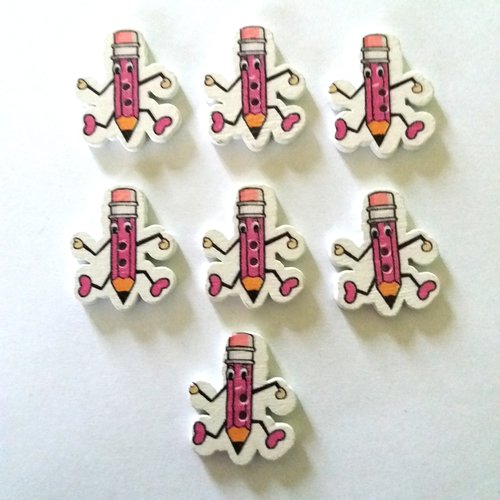 7 boutons crayons en bois - rose et blanc - 28x23mm - f1