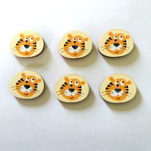 6 boutons tete de tigre en bois - jaune et noir - 24x20mm - f1