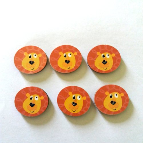 6 boutons tete de lion en bois - beige et orange - 22x20mm - f1