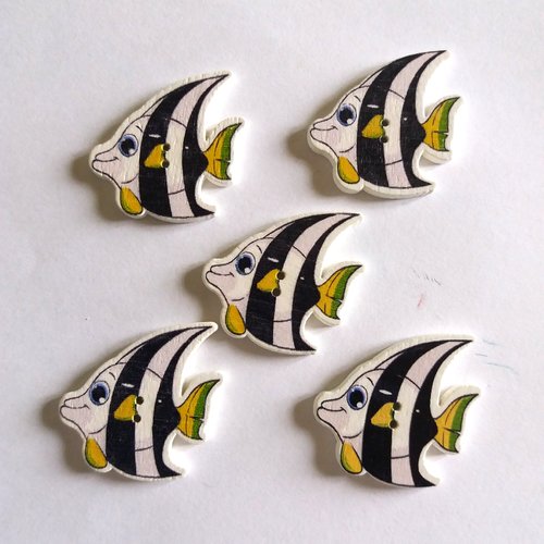 5 boutons poisson en bois - noir et blanc- 28x29mm - f3