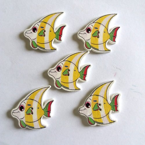 5 boutons poisson en bois - jaune et blanc- 28x29mm - f3