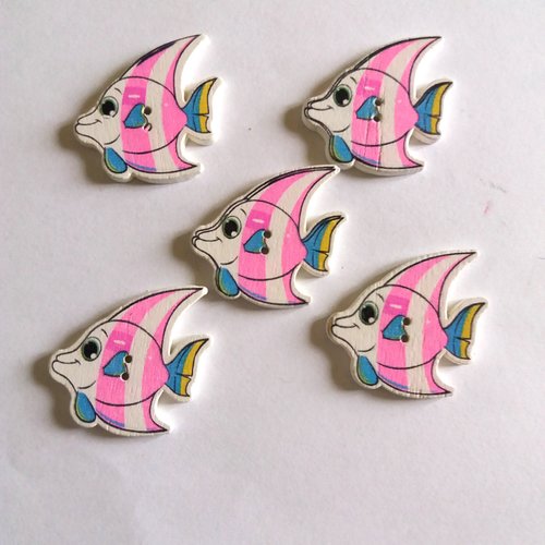 5 boutons poisson en bois - rose et blanc- 28x29mm - f3