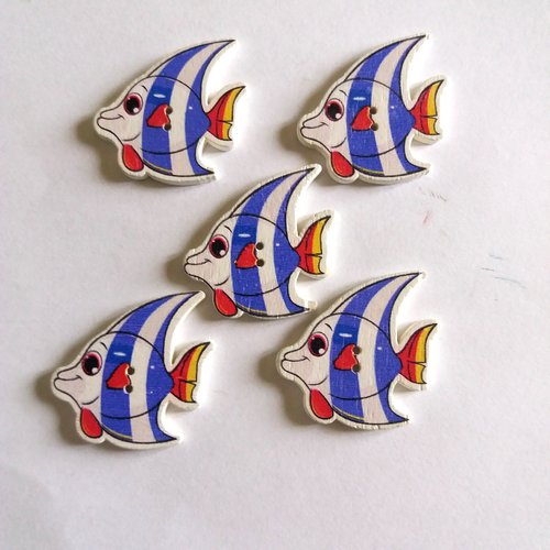 5 boutons poisson en bois - bleu roi et blanc- 28x29mm - f3