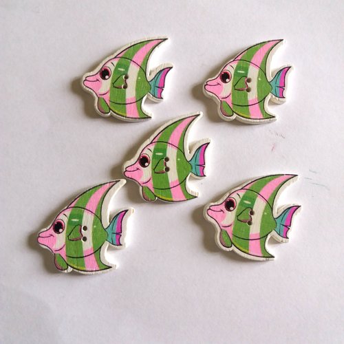 5 boutons poisson en bois - vert et rose - 28x29mm - f3