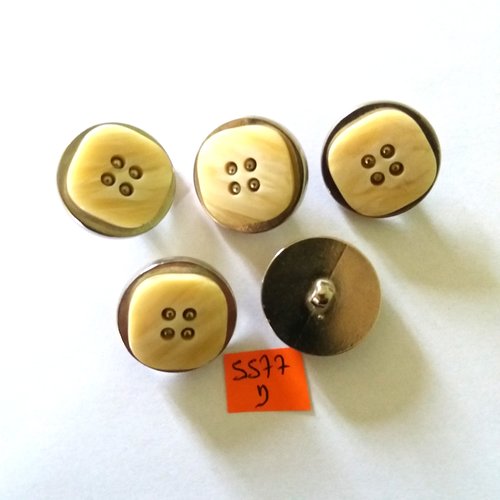 5 boutons en métal argenté et résine crème - vintage - 25mm - 5577d