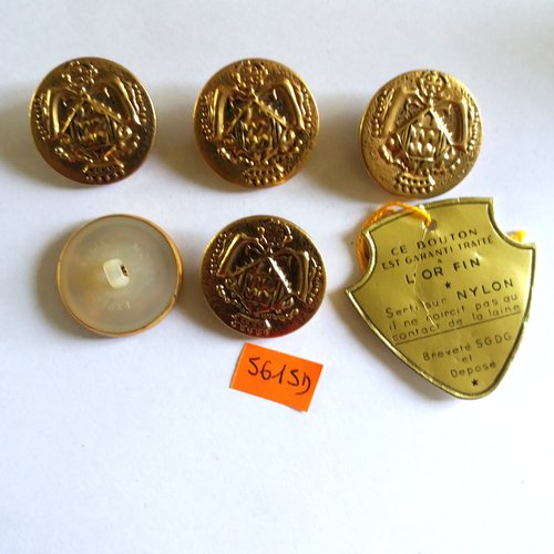 5 boutons en métal doré et nylon - garanti traité a l'or fin - vintage - 28mm - 5615d