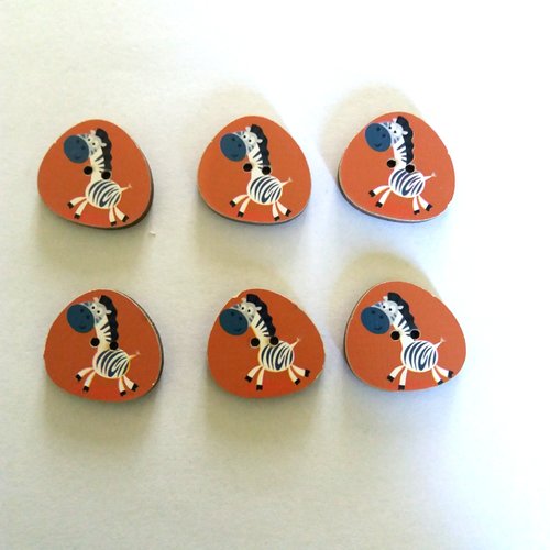 6 boutons zèbres en bois - fond orange blanc et noir - 22x20mm - f1