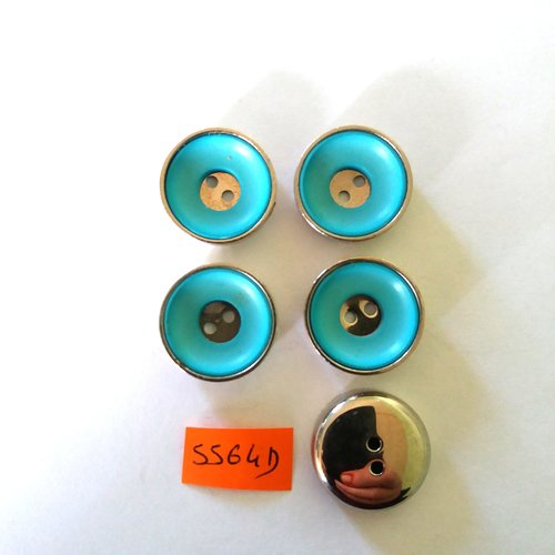 5 boutons en résine bleu ciel et métal argenté - vintage - 23mm - 5564d