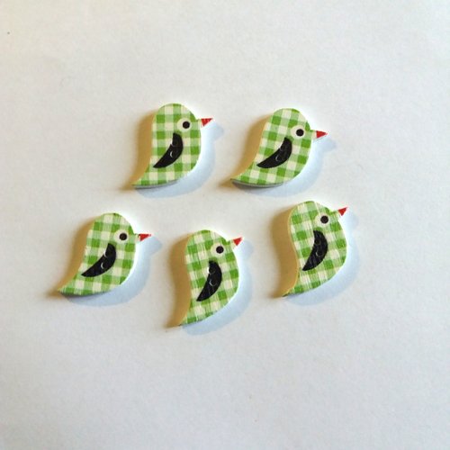 5 boutons oiseaux en bois - carreaux vert et blanc - 22x22mm - f1