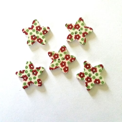 5 boutons une étoile en bois - fond blanc - petite fleur rouge - 23mm - f12
