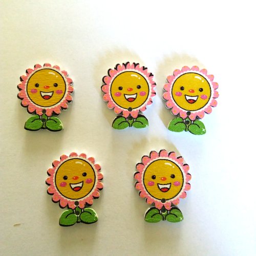 5 boutons fleurs en bois - jaune et rose - 29x24mm - f2