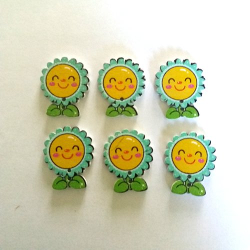 6 boutons fleurs en bois - jaune et bleu - 29x24mm - f2