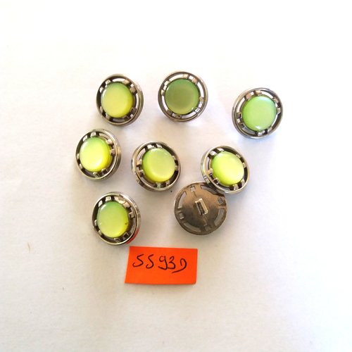 8 boutons en résine vert clair et métal argenté - vintage -18mm - 5593d