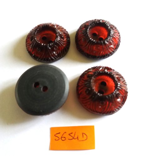 4 boutons en résine noir et rouge - vintage - 5654d