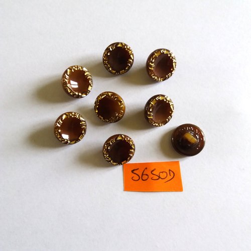 8 boutons en verre marron et doré - vintage - 13mm - 5650d
