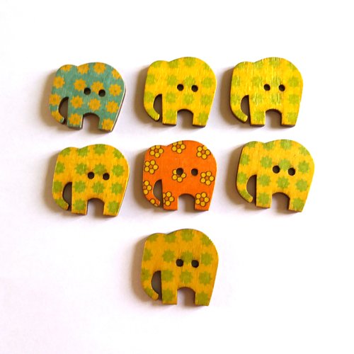 7 boutons éléphants en bois - jaune orange et vert - 28x30mm - f5