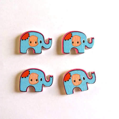 5 boutons éléphants en bois - bleu ciel et rouge - 28x30mm - f5