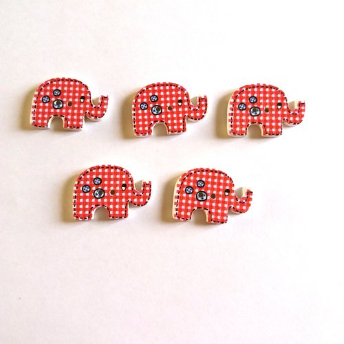 5 boutons éléphants en bois à carreaux rouge et blanc - 28x30mm - f5