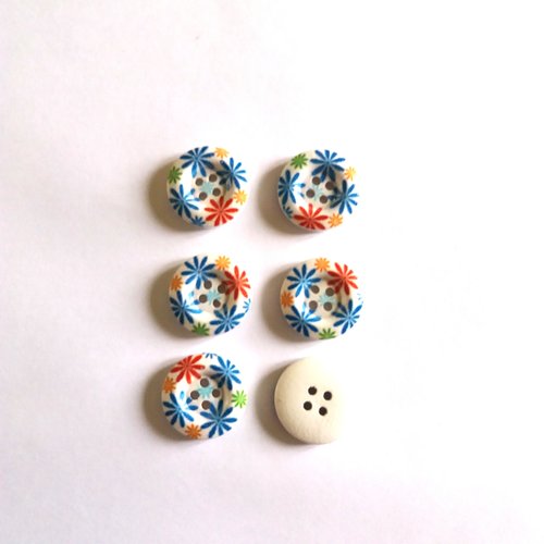 6 boutons avec des fleurs en bois - bleu et rouge - 20mm