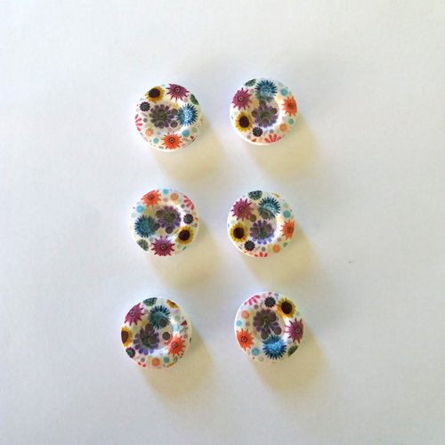 6 boutons avec des fleurs en bois - multicolore - 20mm