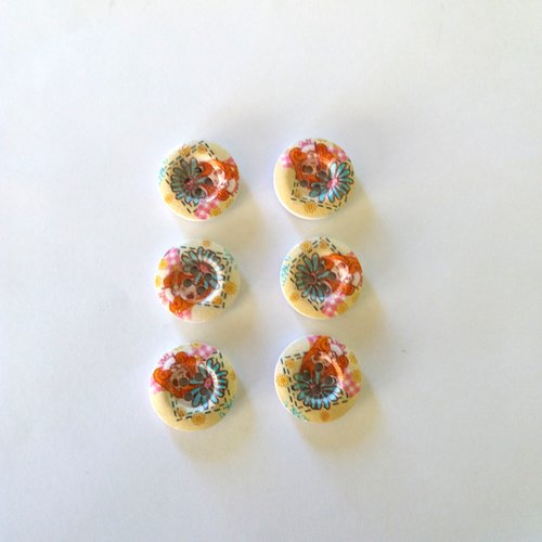 6 boutons avec des fleurs en bois - bleu et orange - 20mm